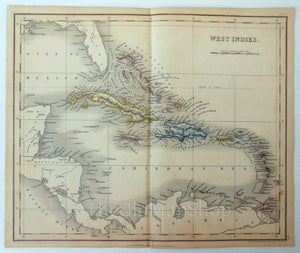 c.1840 West Indies, Antique Map, The Bahamas, Cuba, Haiti, Puerto Rico, Havana, Florida, Jamaica, Cayman, Print by John Dower, Hand Colored