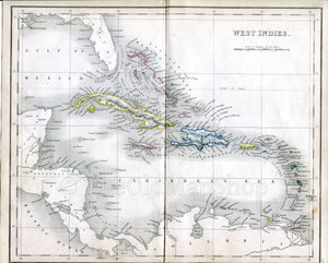 c.1840 West Indies, Antique Map, The Bahamas, Cuba, Haiti, Puerto Rico, Havana, Florida, Jamaica, Cayman, Print by John Dower, Hand Colored