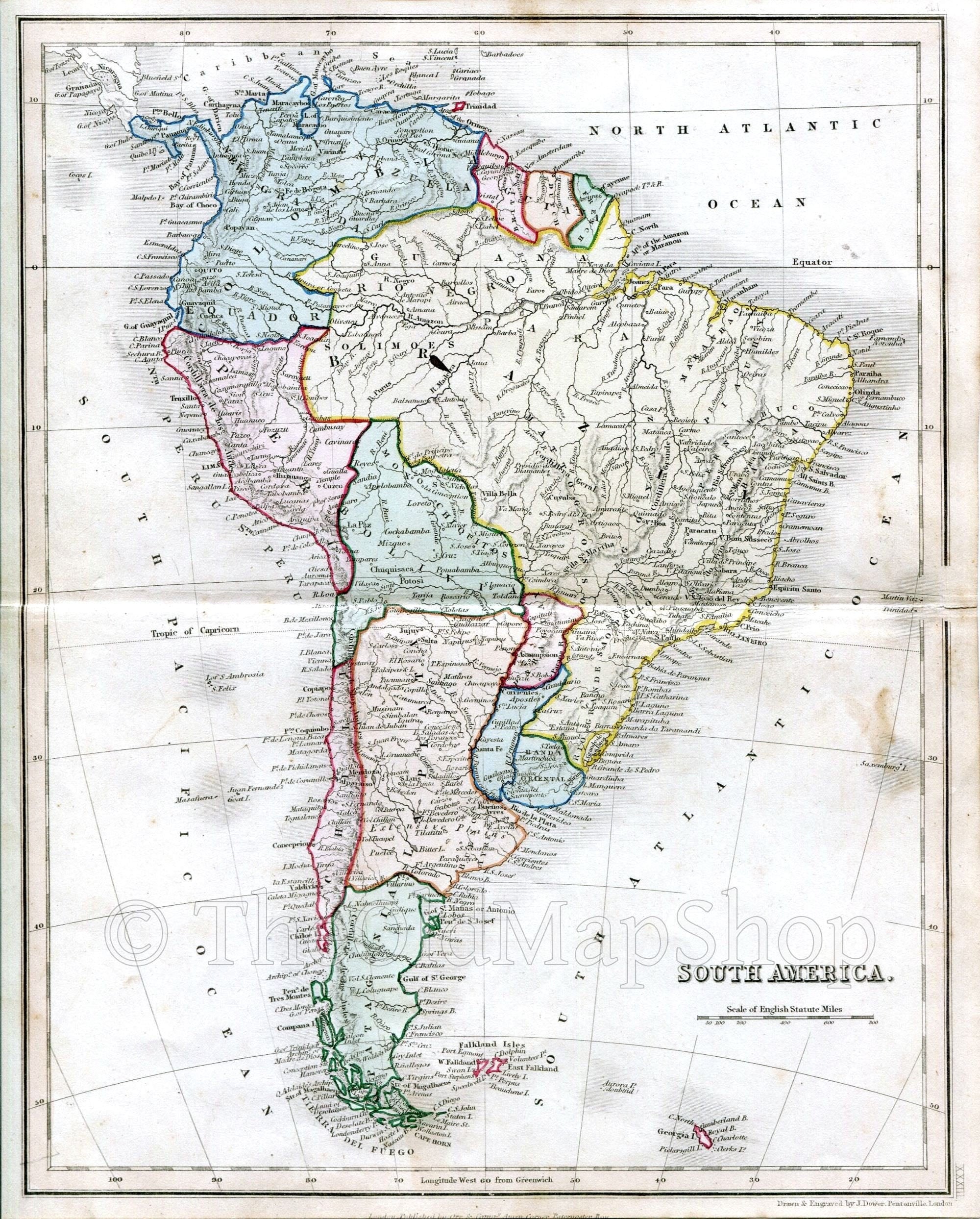 c.1840 South America, Antique Map, Brazil, Argentina, Chili, Bolivia, Peru, Colombia, Print by John Dower, Hand Colored
