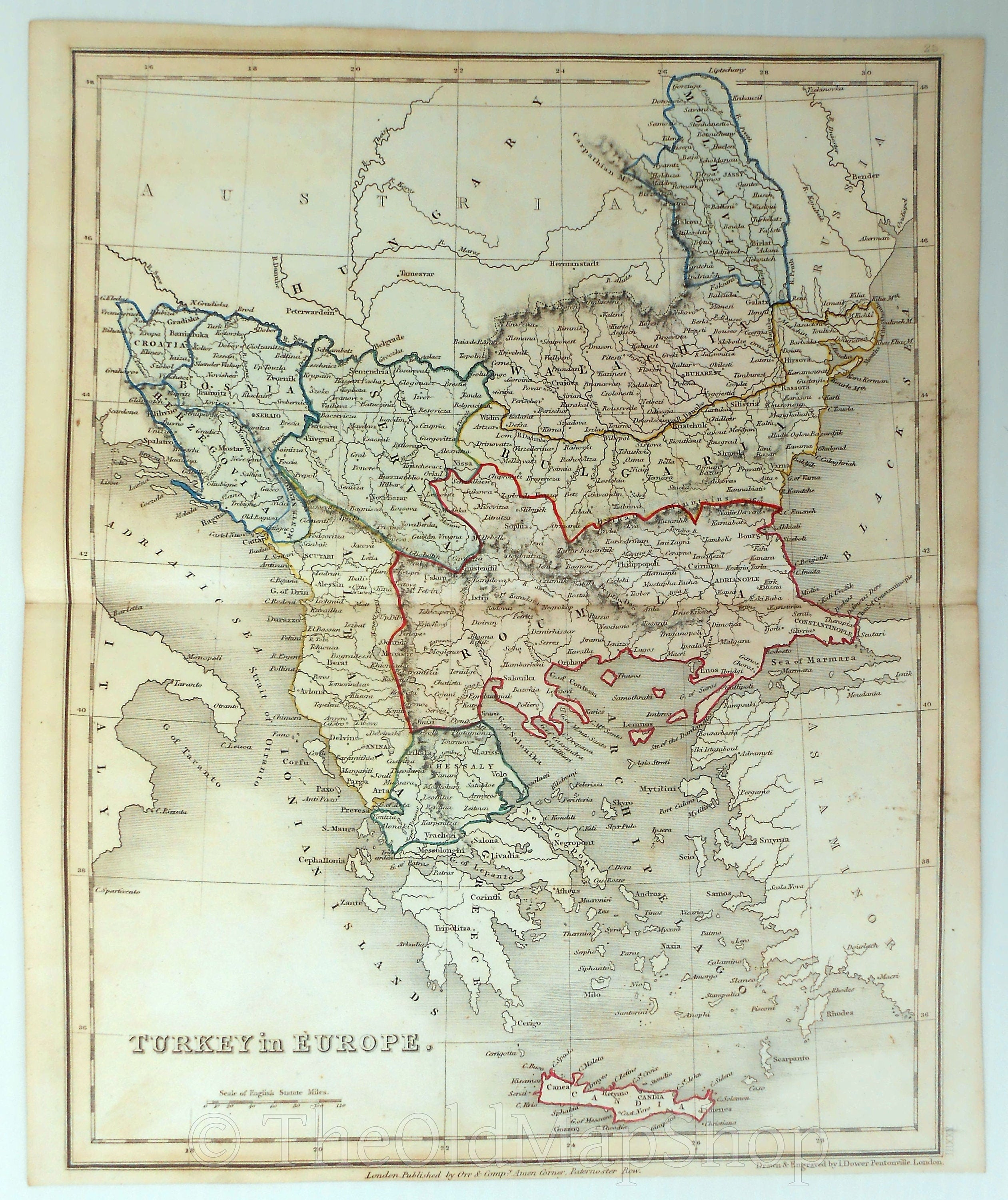 c.1840 Turkey in Europe, Antique Map, Print by John Dower, Hand Colored