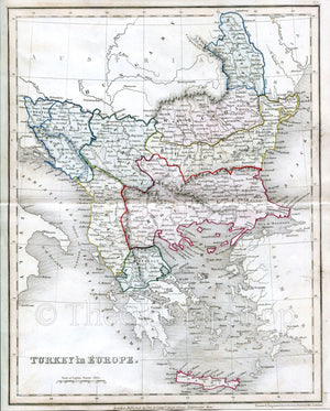 c.1840 Turkey in Europe, Antique Map, Print by John Dower, Hand Colored
