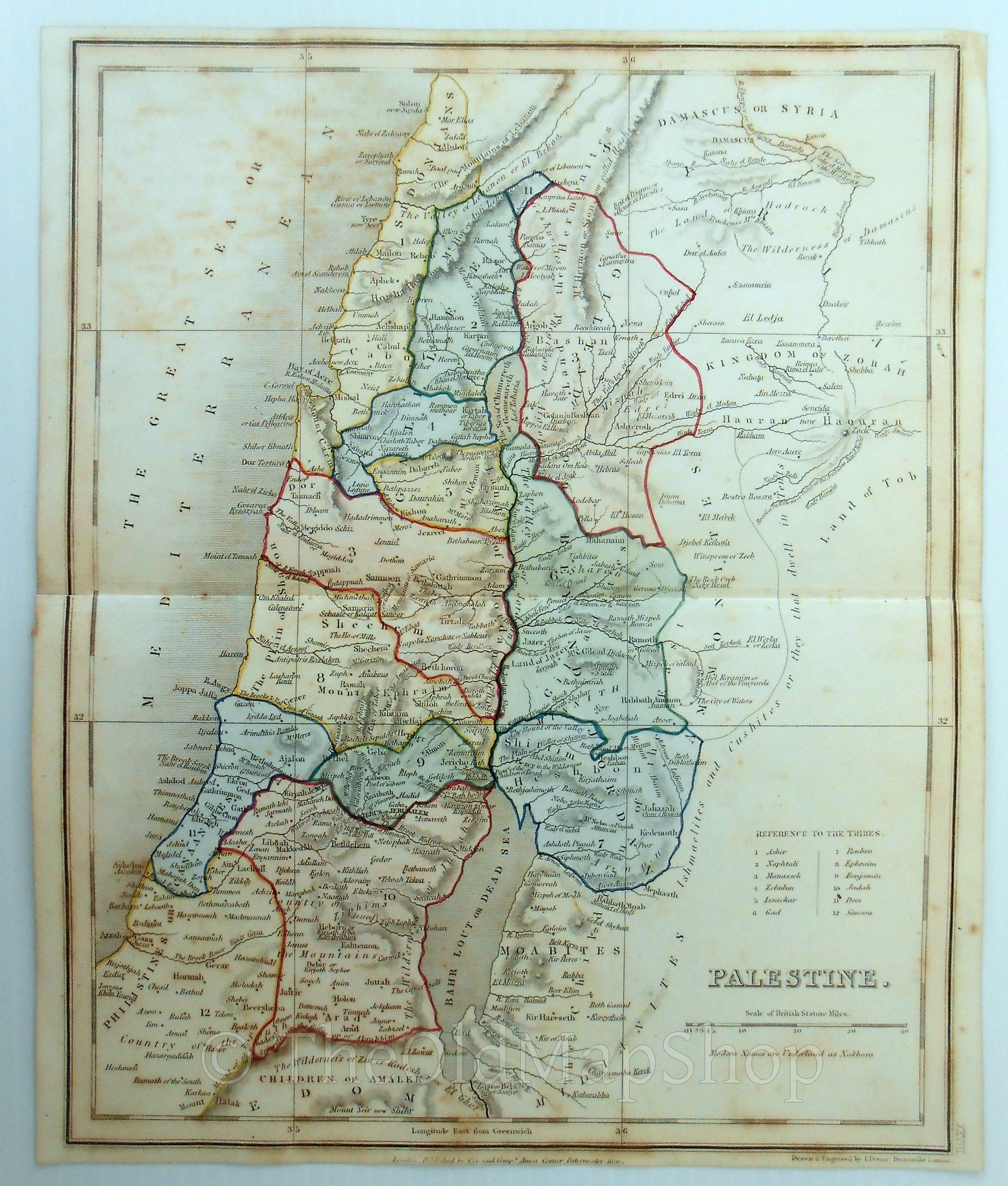 c.1840 Palestine, Israel, Jerusalem, Antique Map, Print by John Dower, Hand Colored
