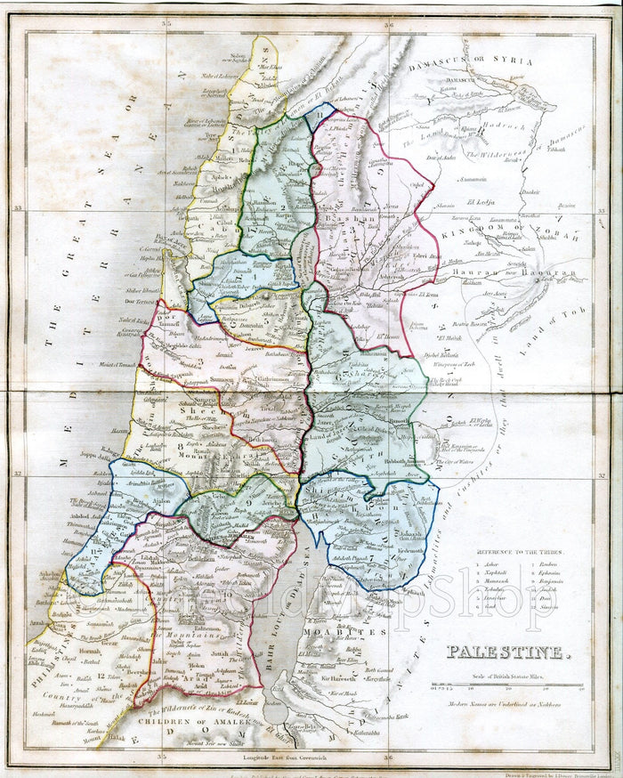 c.1840 Palestine, Israel, Jerusalem, Antique Map, Print by John Dower, Hand Colored