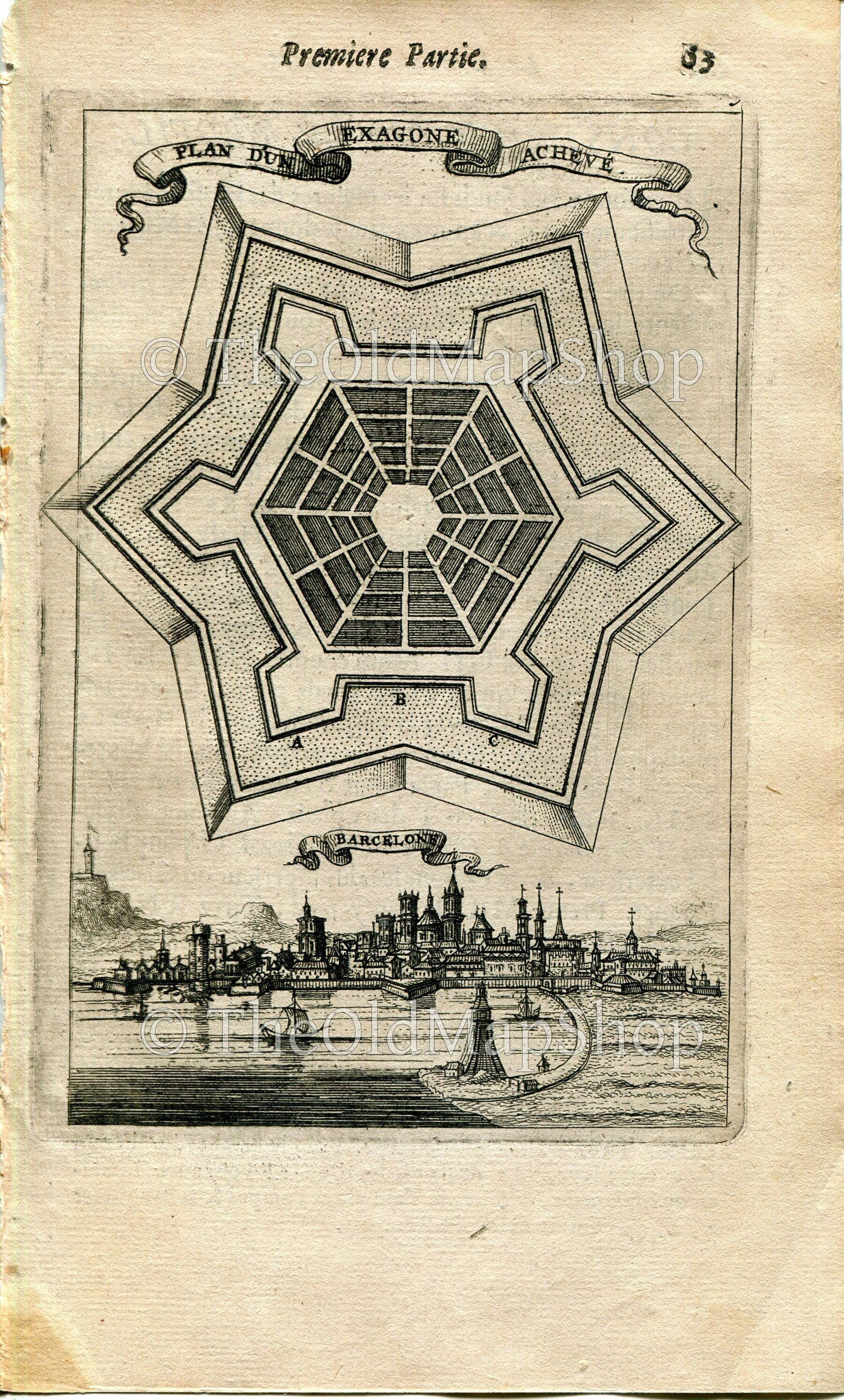 Barcelona, Spain Antique Print, 1672 Manesson Mallet "Les Travaux De Mars" Engraving, Bird's-eye, Perspective View