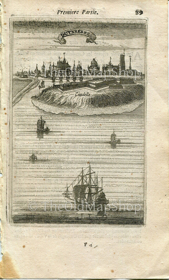 Dunkirk, Dunkerque, France Antique Print, Map, 1672 Manesson Mallet "Les Travaux De Mars" Engraving, Bird's-eye, Perspective View