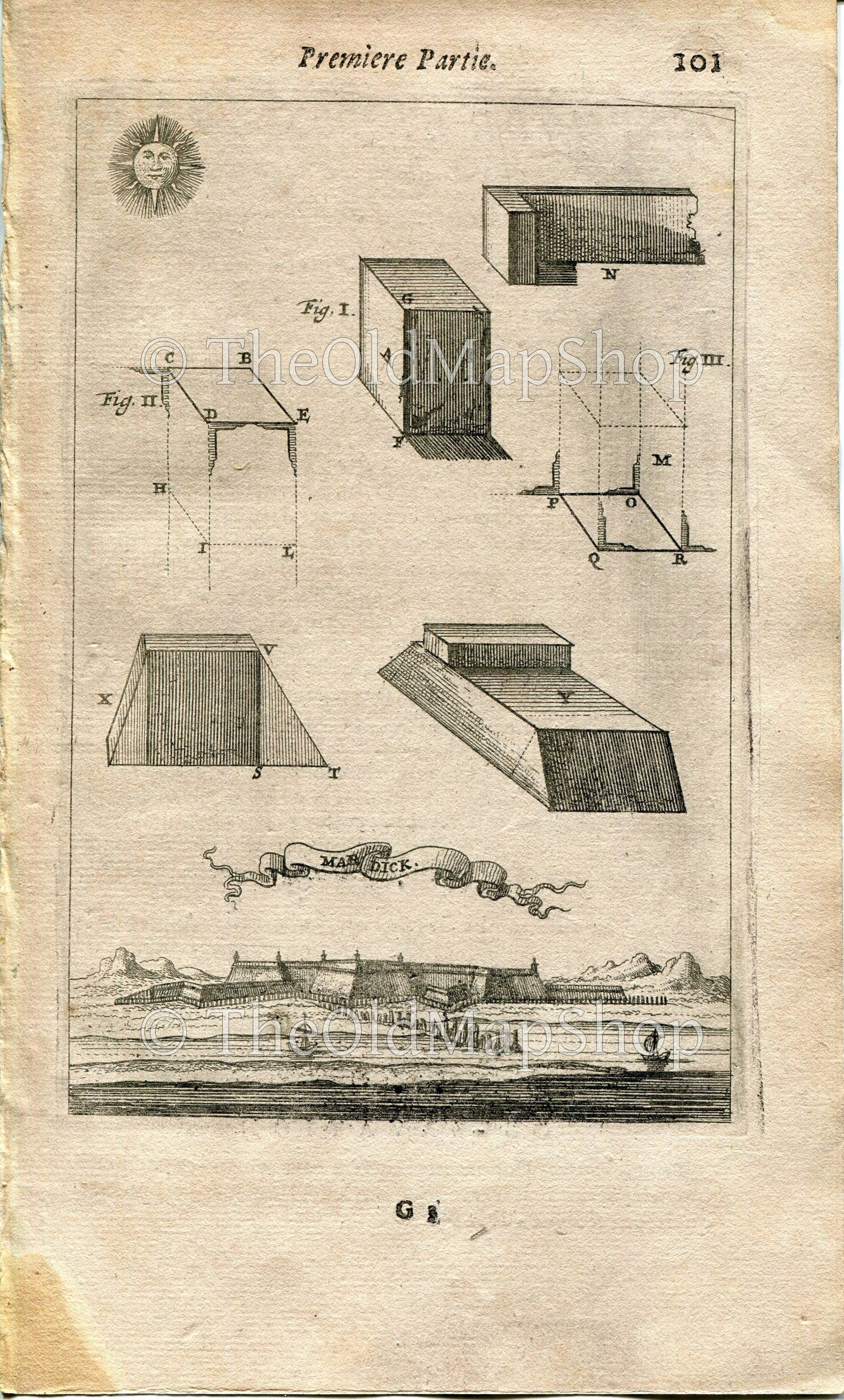 Fort-Mardyck, Dunkirk, Dunkerque, France Antique Print, Map, 1672 Manesson Mallet "Les Travaux De Mars" Engraving, Bird's-eye View
