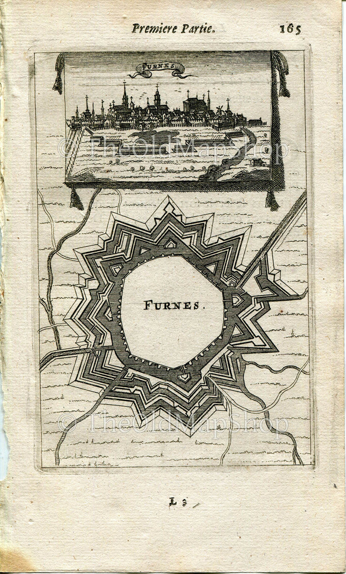 Furnes, Veurne, Belgium Antique Print Map Fort Fortified Fortification Town Plan, 1672 Manesson Mallet "Les Travaux De Mars" Engraving