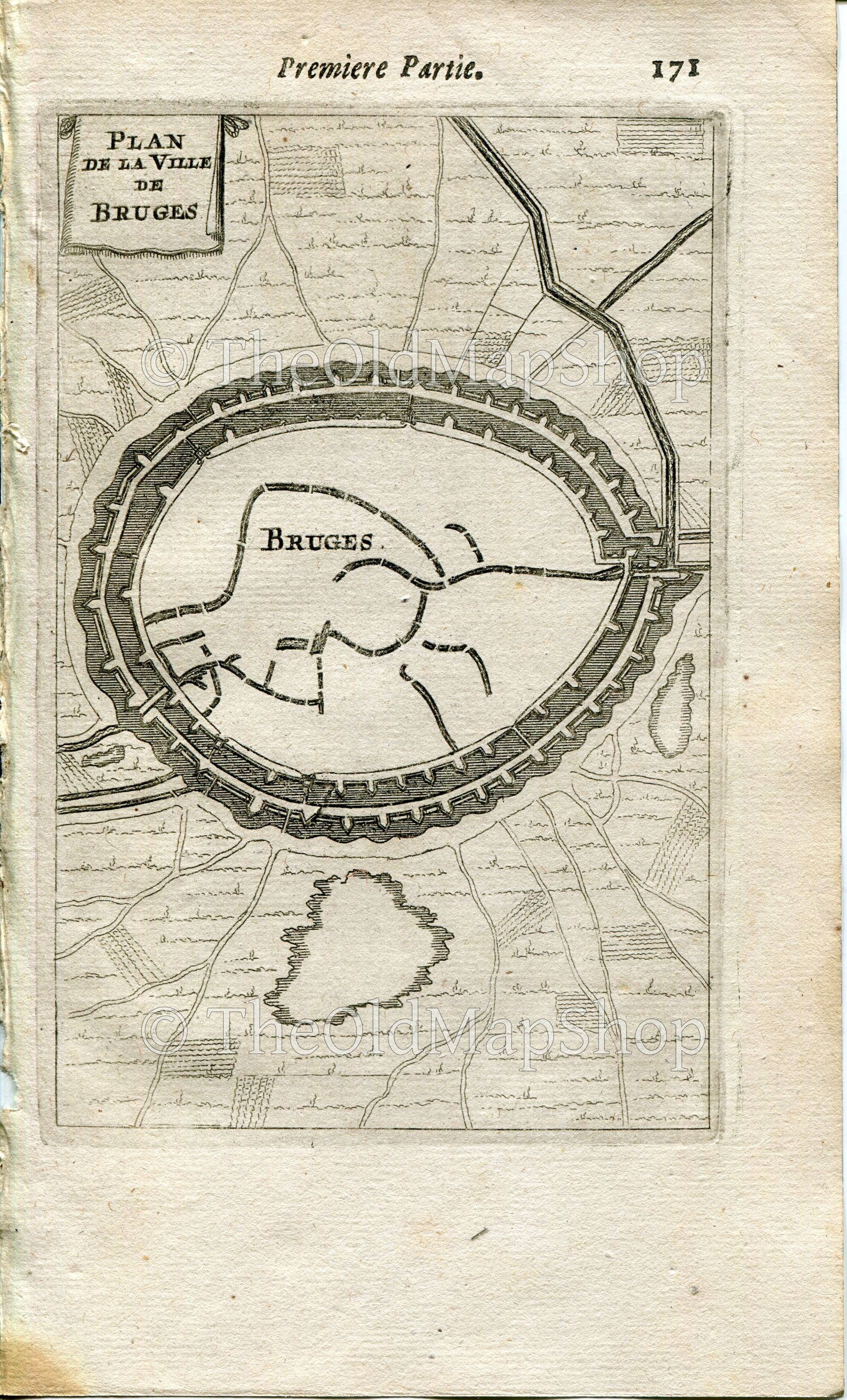 Bruges, Belgium Antique Print Map Fort Fortified Fortification Town Plan, 1672 Manesson Mallet "Les Travaux De Mars" Engraving