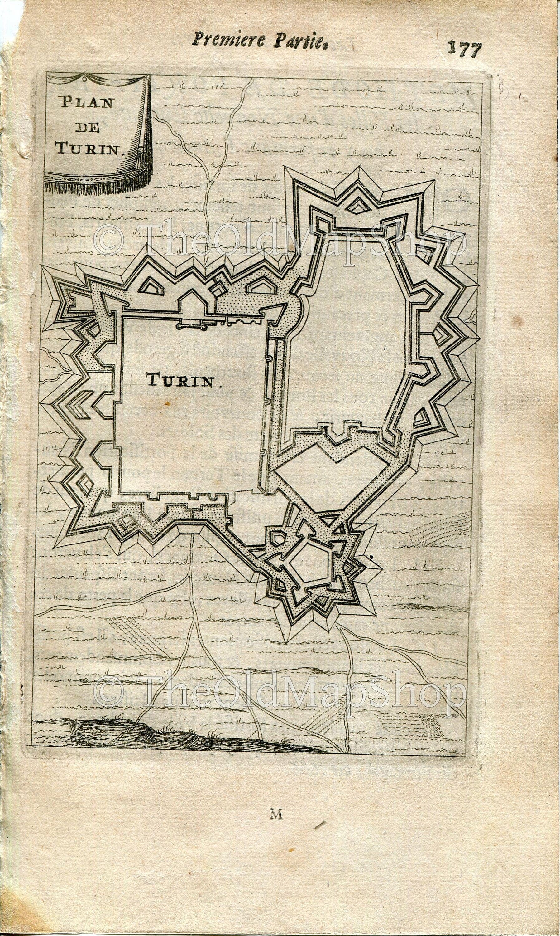 Turin, Torino, Italy Antique Print Map Fort Fortified Fortification Town Plan, 1672 Manesson Mallet "Les Travaux De Mars" Engraving