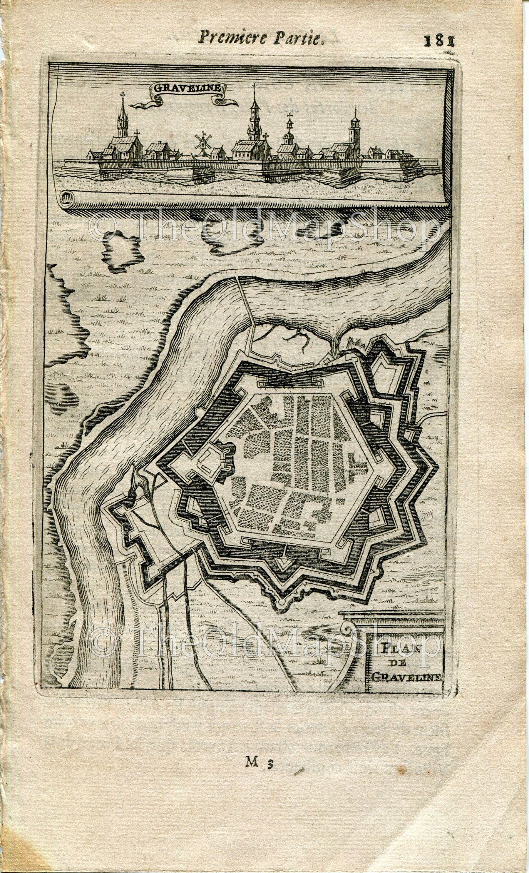 Gravelines, Nord, France Antique Print Map Fort Fortified Fortification Town Plan, 1672 Manesson Mallet "Les Travaux De Mars" Engraving