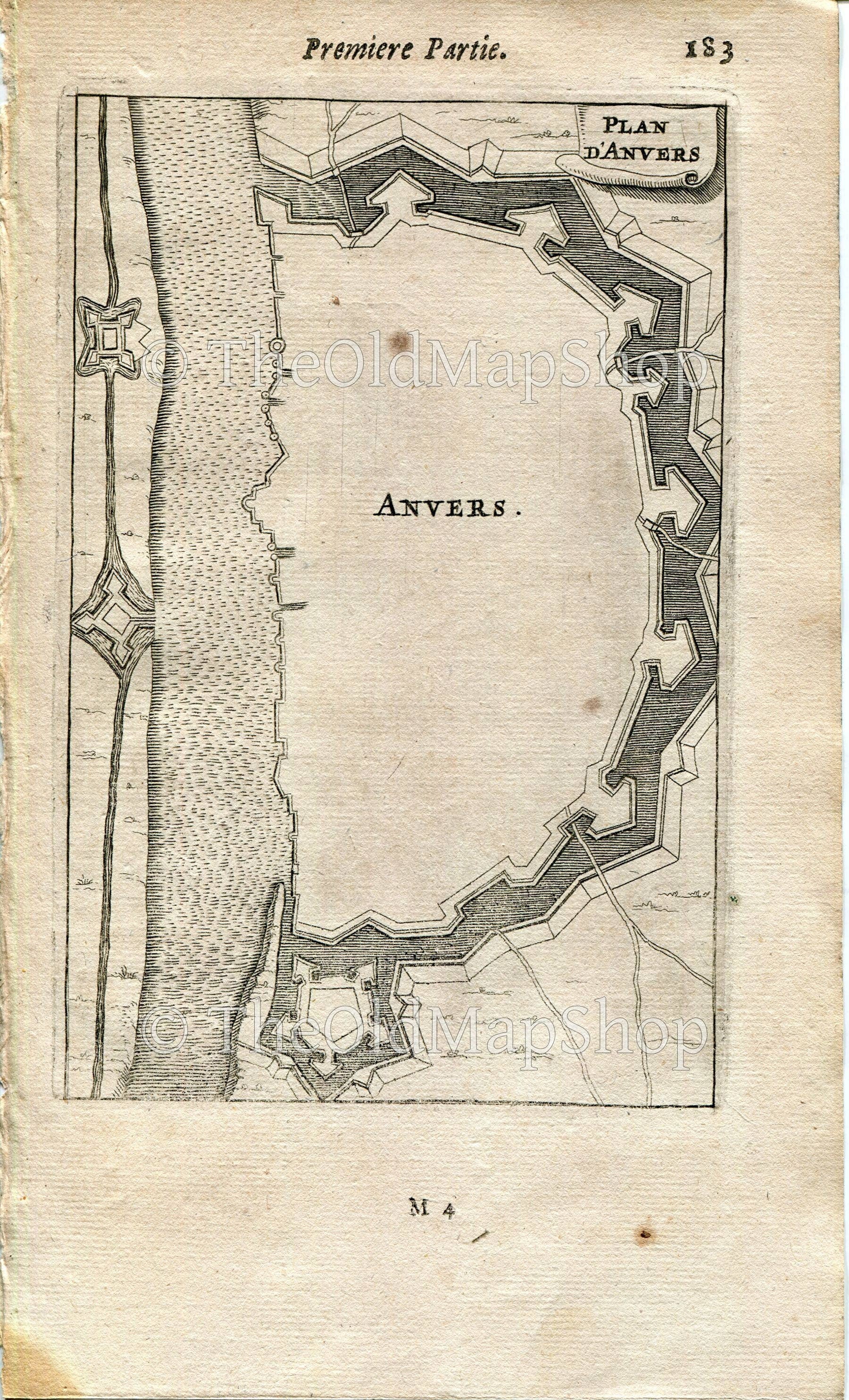 Antwerp, Anvers, Belgium Antique Print Map Fort Fortified Fortification Town Plan, 1672 Manesson Mallet "Les Travaux De Mars" Engraving