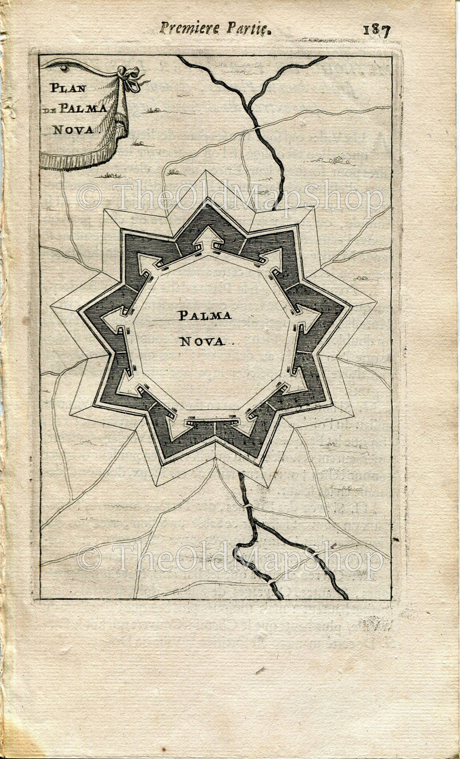 Palmanova, Italy, Antique Print Map, Star Fort, Fortified Fortification Town Plan, 1672 Manesson Mallet "Les Travaux De Mars" Engraving