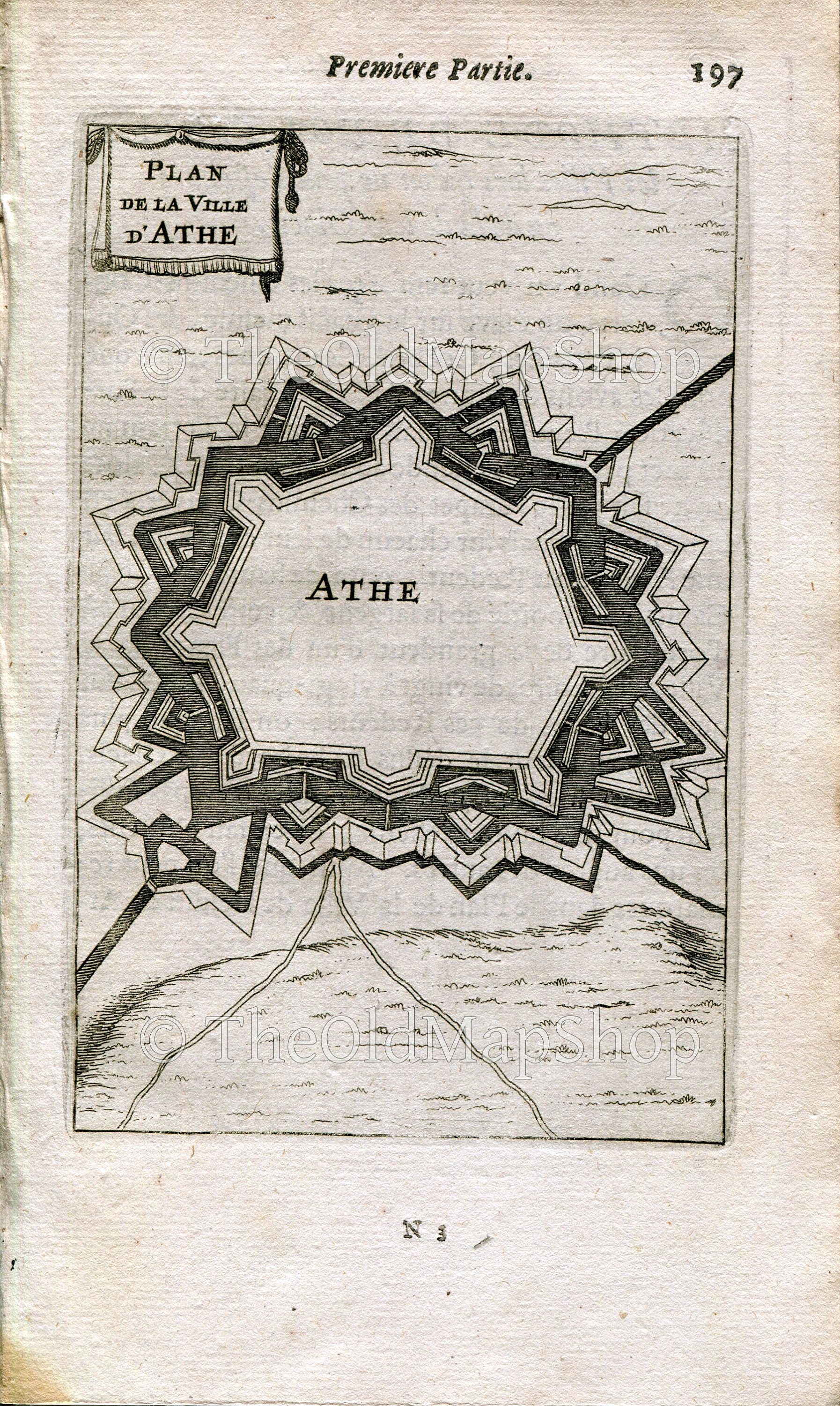Ath, Athe, Belgium, Antique Print Map Fort Fortified Fortification Town Plan, 1672 Manesson Mallet "Les Travaux De Mars" Engraving