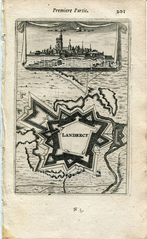 Landrecies, Landrecy, France Antique Print Map Fort Fortified Fortification Town Plan, 1672 Manesson Mallet "Les Travaux De Mars" Engraving