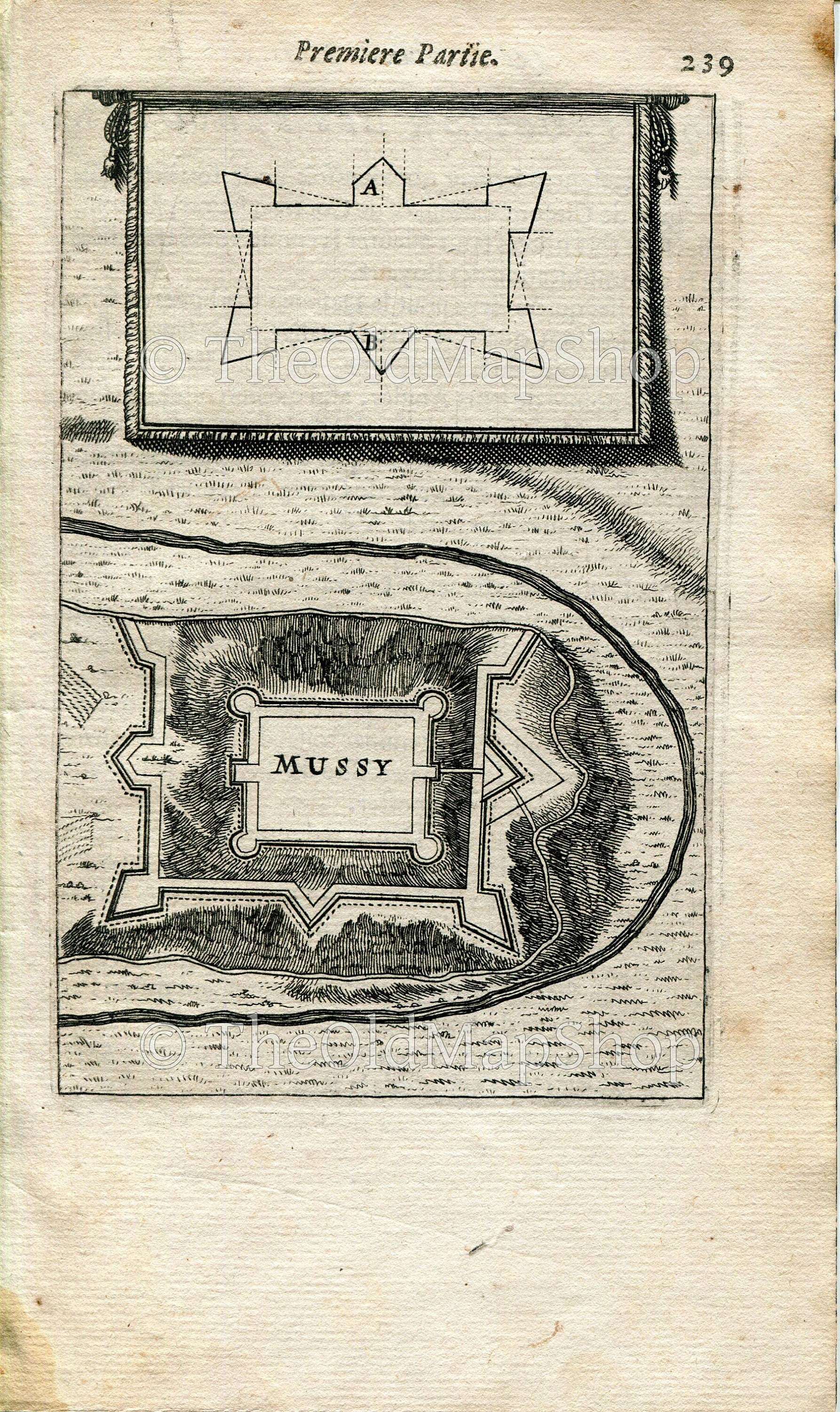 Mussy Castle, Longuyon, France, Antique Print Map Fort Fortified Fortification Town Plan, 1672 Manesson Mallet "Les Travaux De Mars"