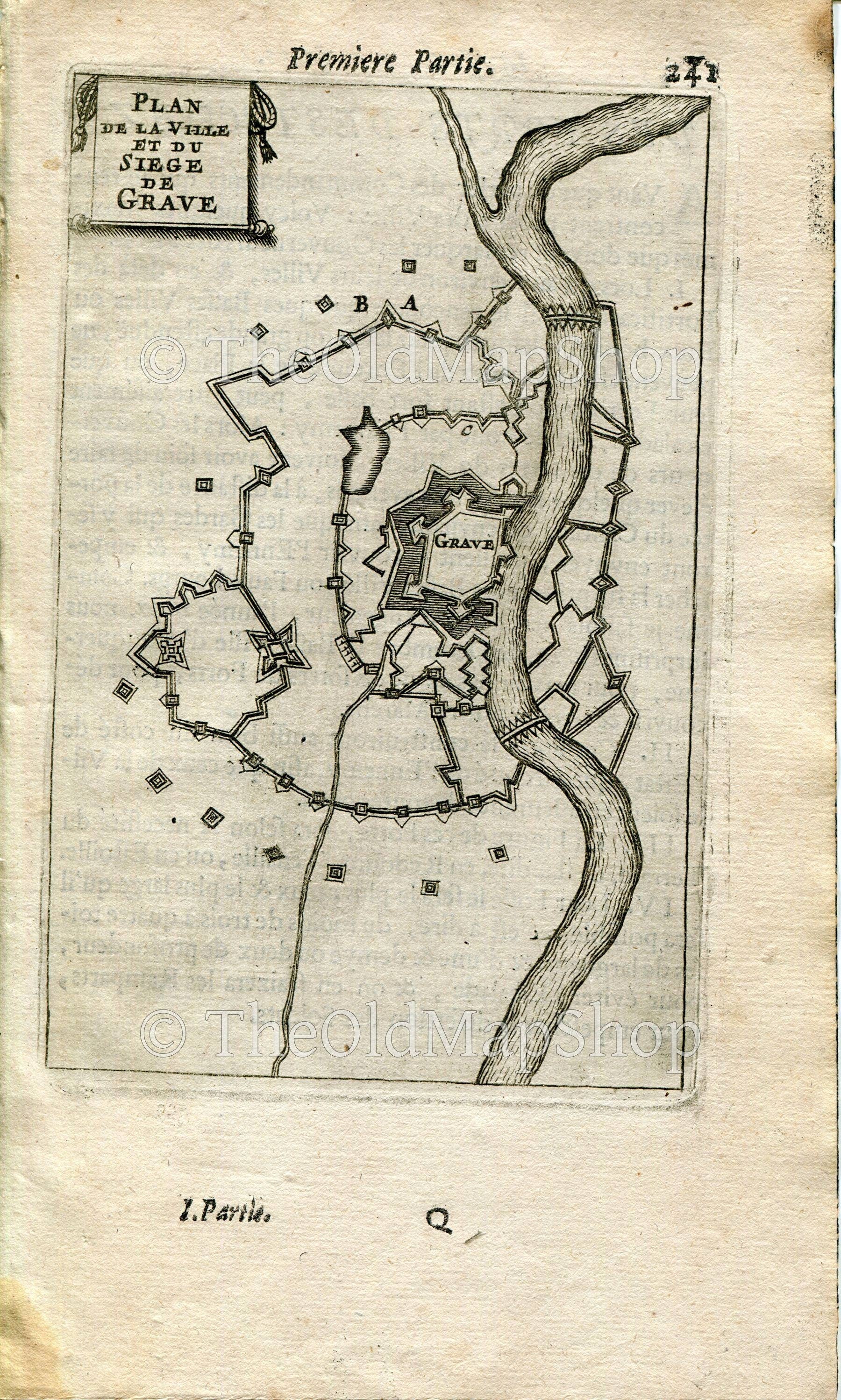 Siege of Grave, Netherlands, Antique Print Map Fort Fortified Fortification Town Plan, 1672 Manesson Mallet "Les Travaux De Mars" Engraving