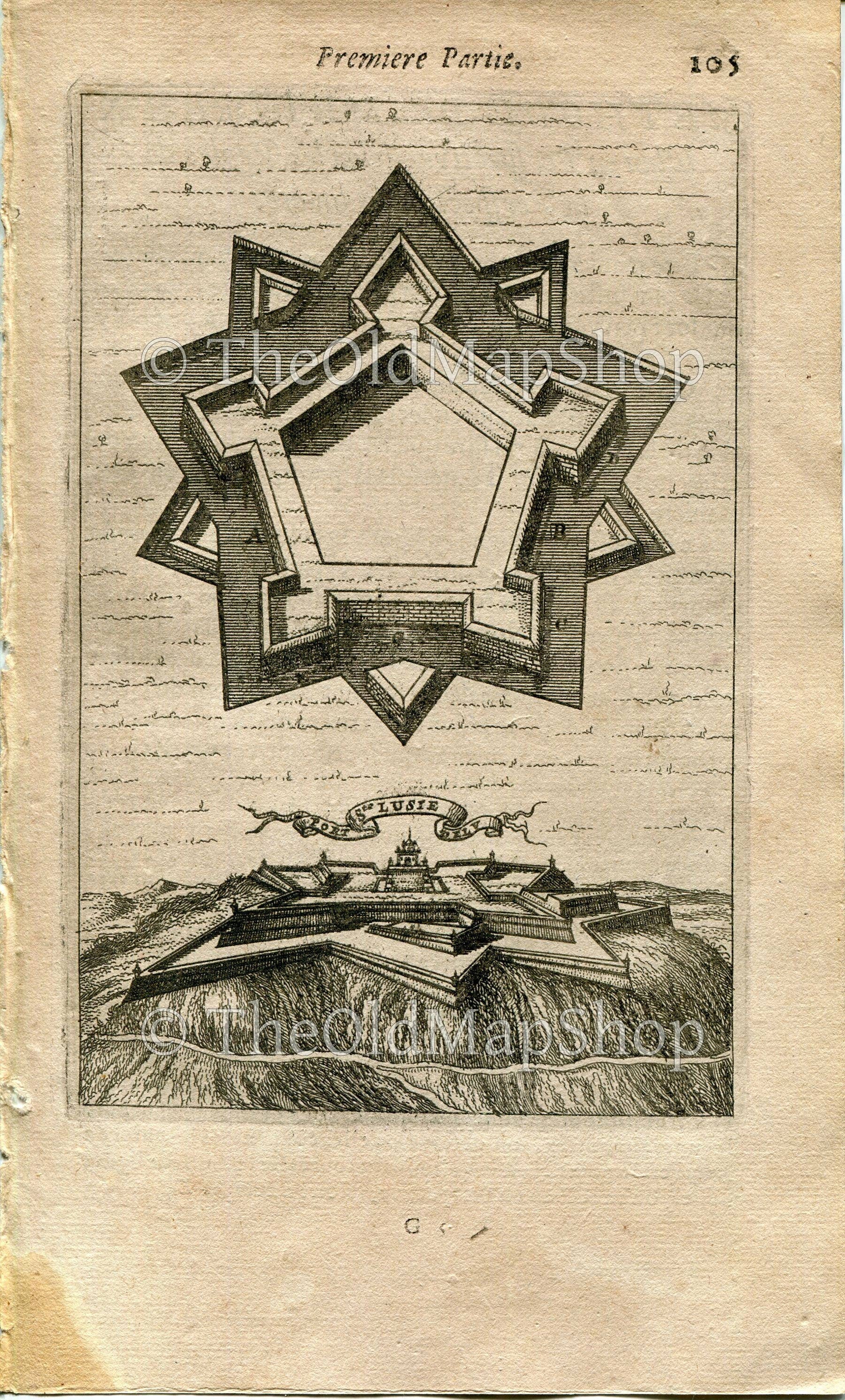 Fort of Santa Luzia, Elvas, Portugal, Antique Print Map Fort Fortified Fortification Town Plan, 1672 Manesson Mallet "Les Travaux De Mars"