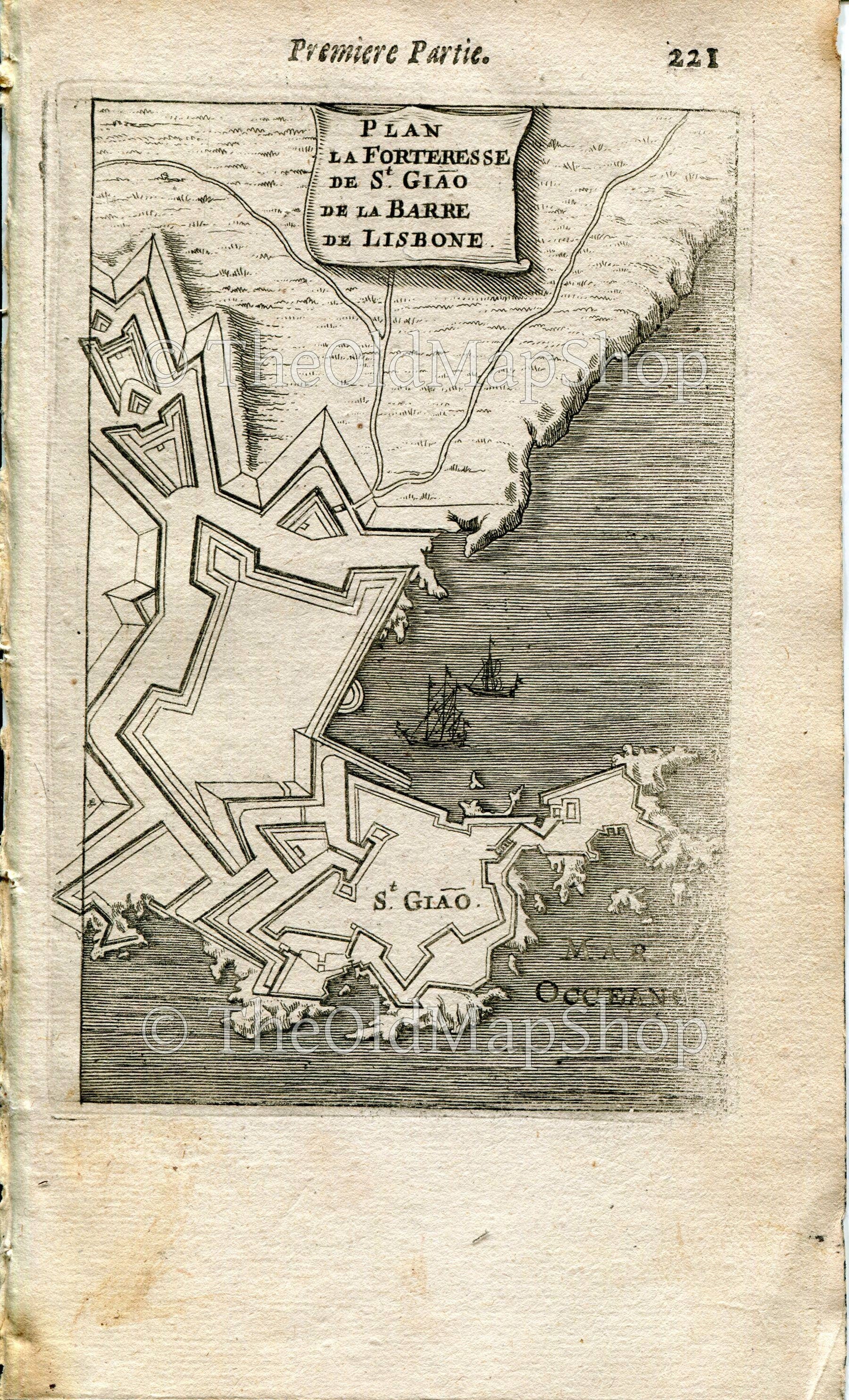 Fort of São Julião da Barra, Lisbon, Portugal, Antique Print Map Fort Fortified Fortification, 1672 Manesson Mallet "Les Travaux De Mars"