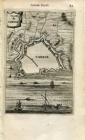 Candie, Crete, Greece, Town Plan, Antique Print, Map, 1672 Manesson Mallet "Les Travaux De Mars" Engraving, Bird's-eye Perspective View