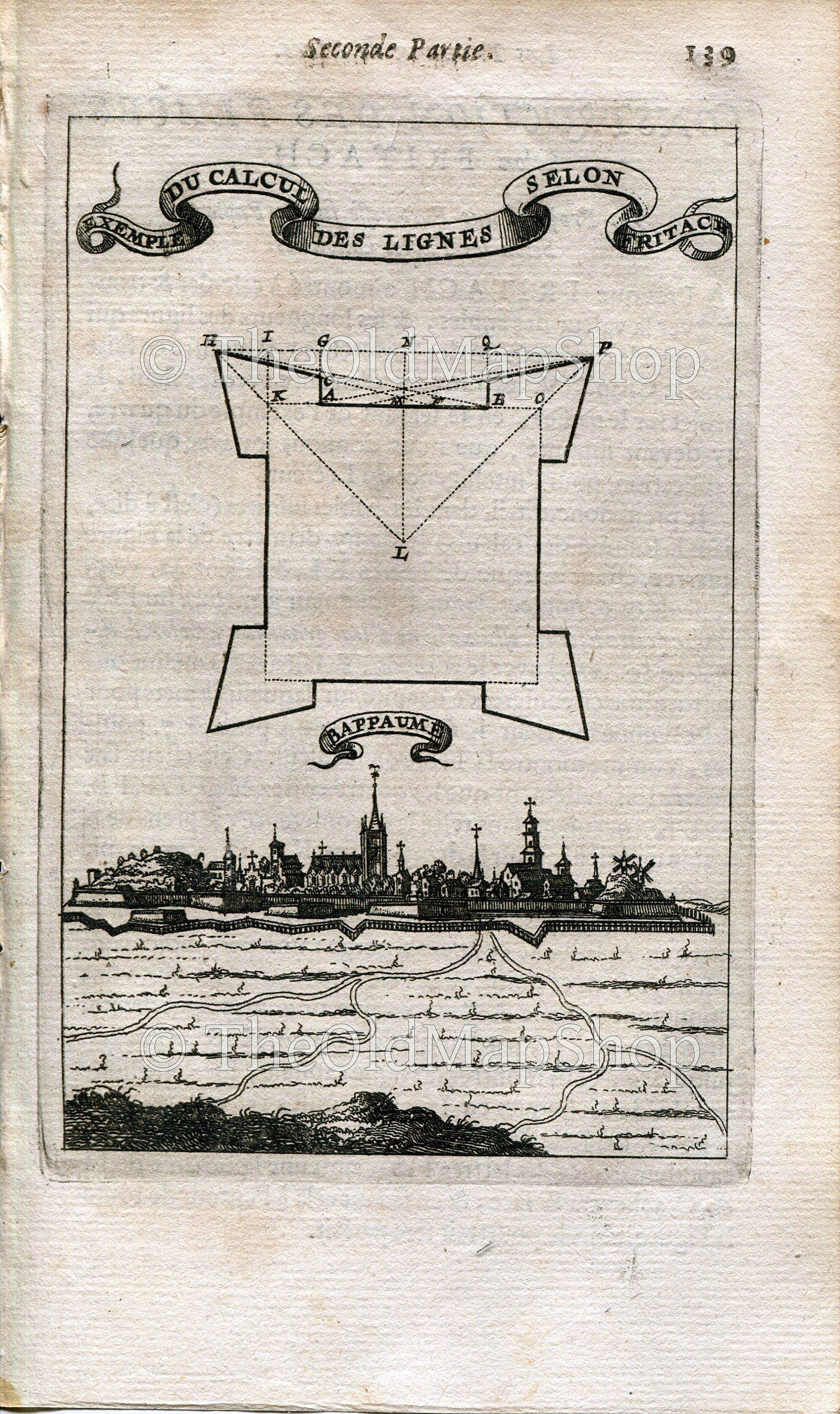 Bapaume, Bappaume, France Antique Print, Map, 1672 Manesson Mallet "Les Travaux De Mars" Engraving, Bird's-eye Perspective View