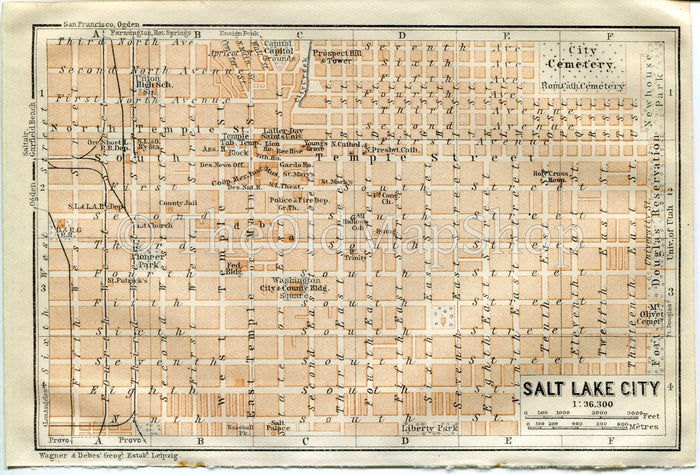 1909 Salt Lake City, Utah, Antique Baedeker Map, Print