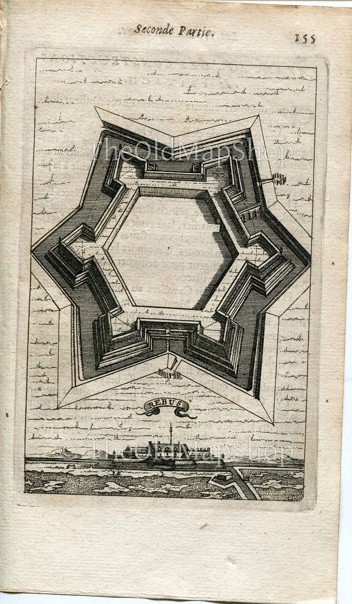 Fort Rebus, Belgium, Fortifications, Antique Print, Map, 1672 Manesson Mallet "Les Travaux De Mars" Engraving, Bird's-eye Perspective View