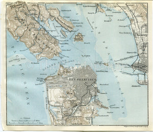 1909 San Francisco, Golden Gate, Oakland, Berkeley, California, Antique Baedeker Map, Print