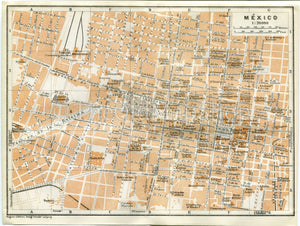 1909 Mexico City, Antique Baedeker Map, Print