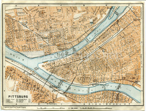 1909 Pittsburgh, Pennsylvania, Antique Baedeker Map, Print