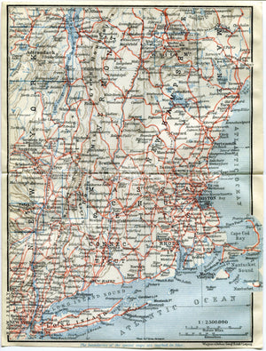 1909 New York, Long Island, Rhode Island, Massachusetts, New Hampshire, Boston, Antique Baedeker Map, Print