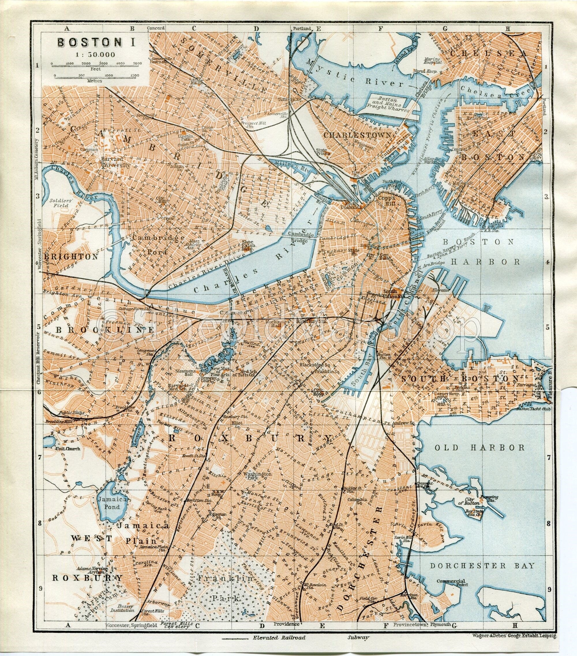 1909 Boston, Massachusetts, Antique Baedeker Map, Print