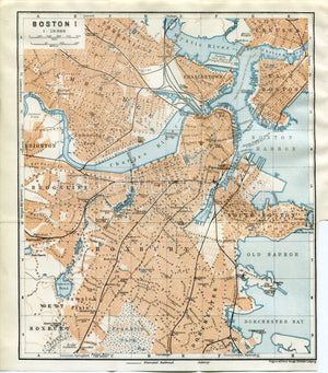 1909 Boston, Massachusetts, Antique Baedeker Map, Print