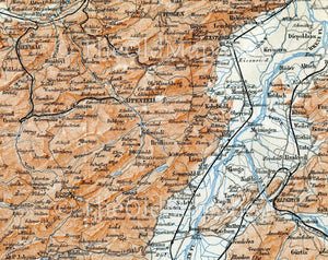 1899 Weesen, Walenstadt, Vaduz, Wildhaus, Wattwil, Appenzell, St Gallen, Feldkirch, Switzerland Antique Baedeker Map, Print
