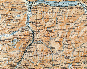 1899 Niederurnen, Walenstadt, Mollis, Netstal, Glarus, Linthal, Elm, Mels, Switzerland Antique Baedeker Map, Print