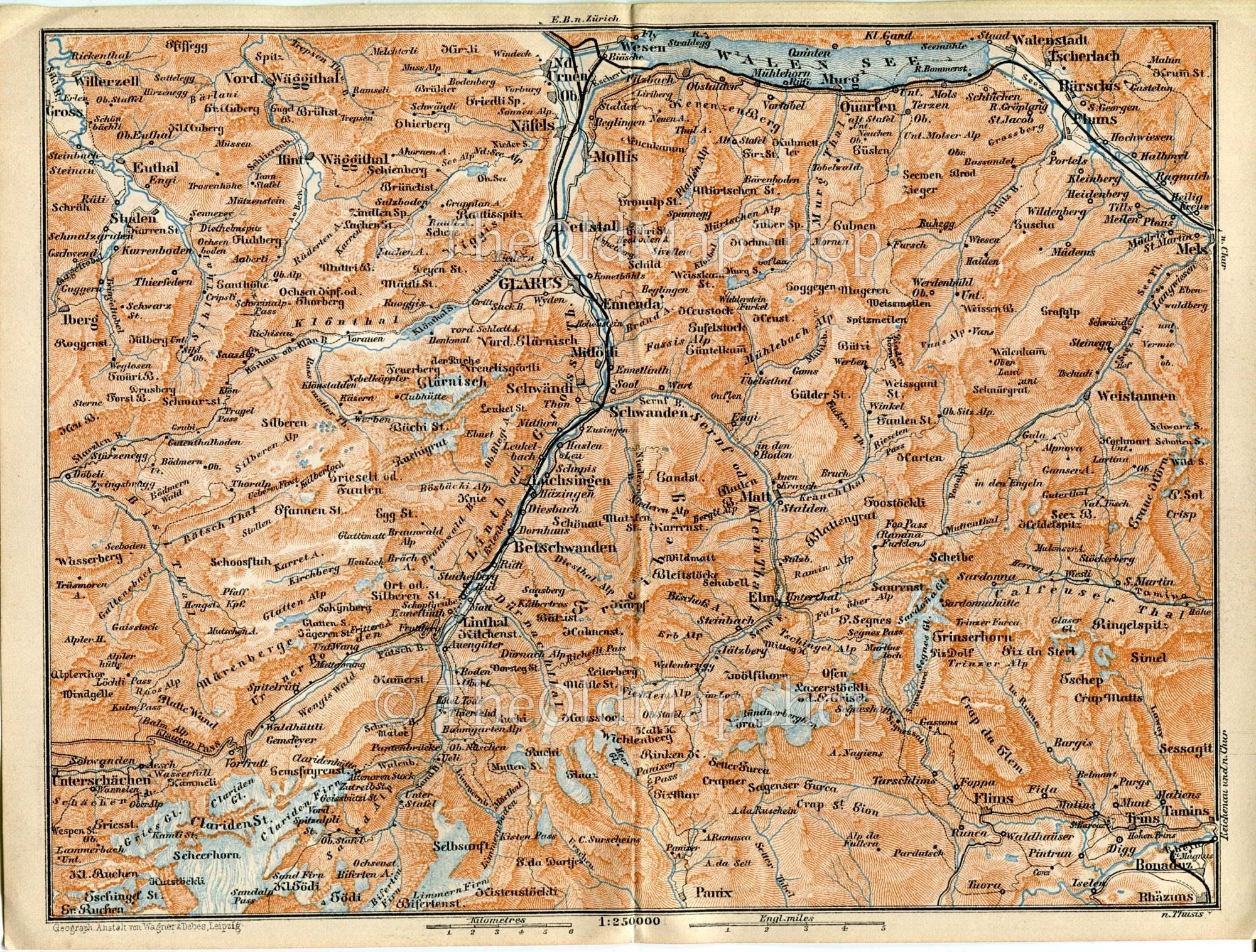 1899 Niederurnen, Walenstadt, Mollis, Netstal, Glarus, Linthal, Elm, Mels, Switzerland Antique Baedeker Map, Print