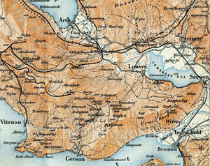 1899 Weggis, Vitznau, Meggen, Greppen, Kussnacht, Arth, Goldau, Beckenried, Buochs, Brunnen, Lauerz, Switzerland Antique Baedeker Map, Print