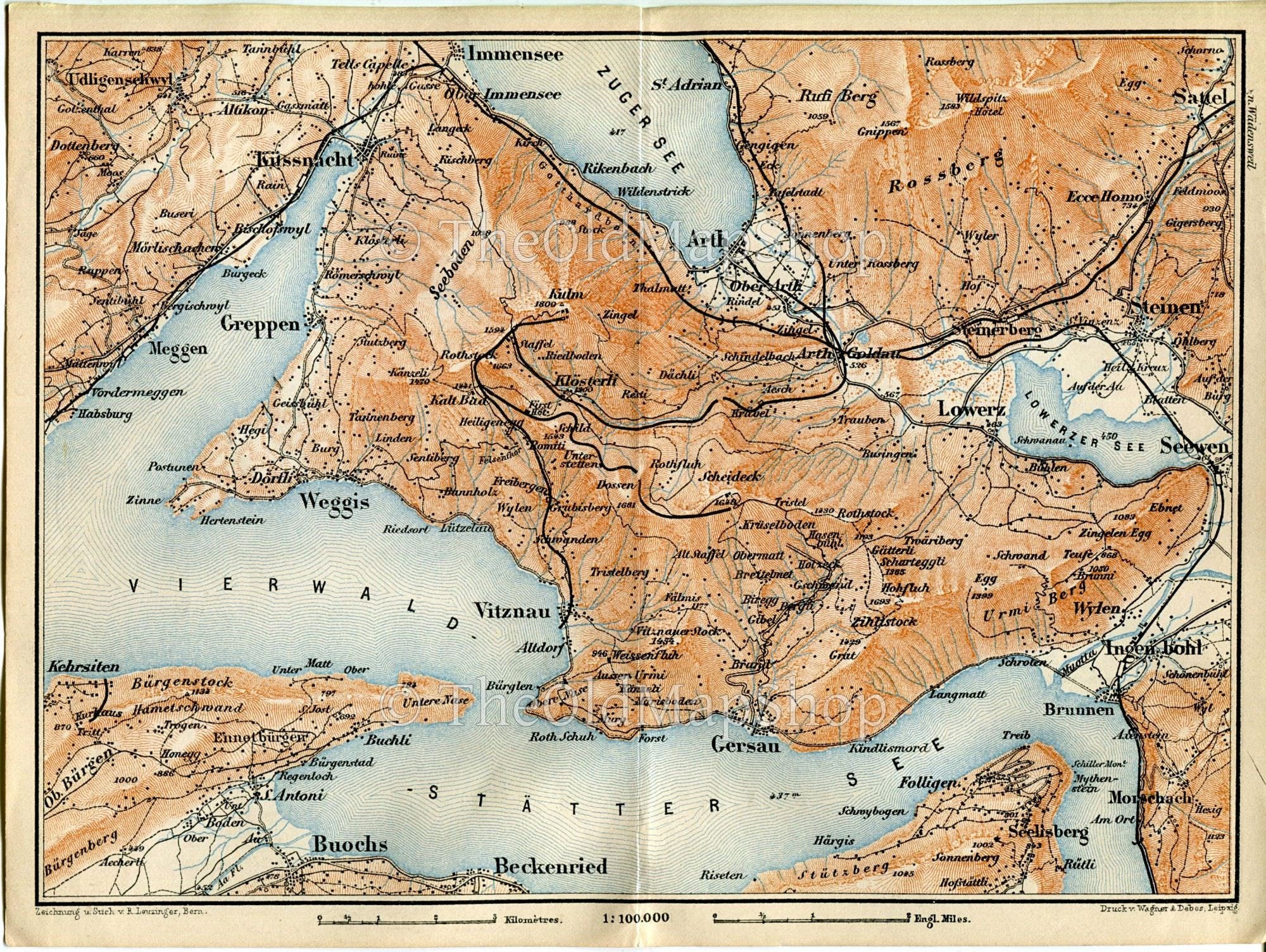 1899 Weggis, Vitznau, Meggen, Greppen, Kussnacht, Arth, Goldau, Beckenried, Buochs, Brunnen, Lauerz, Switzerland Antique Baedeker Map, Print