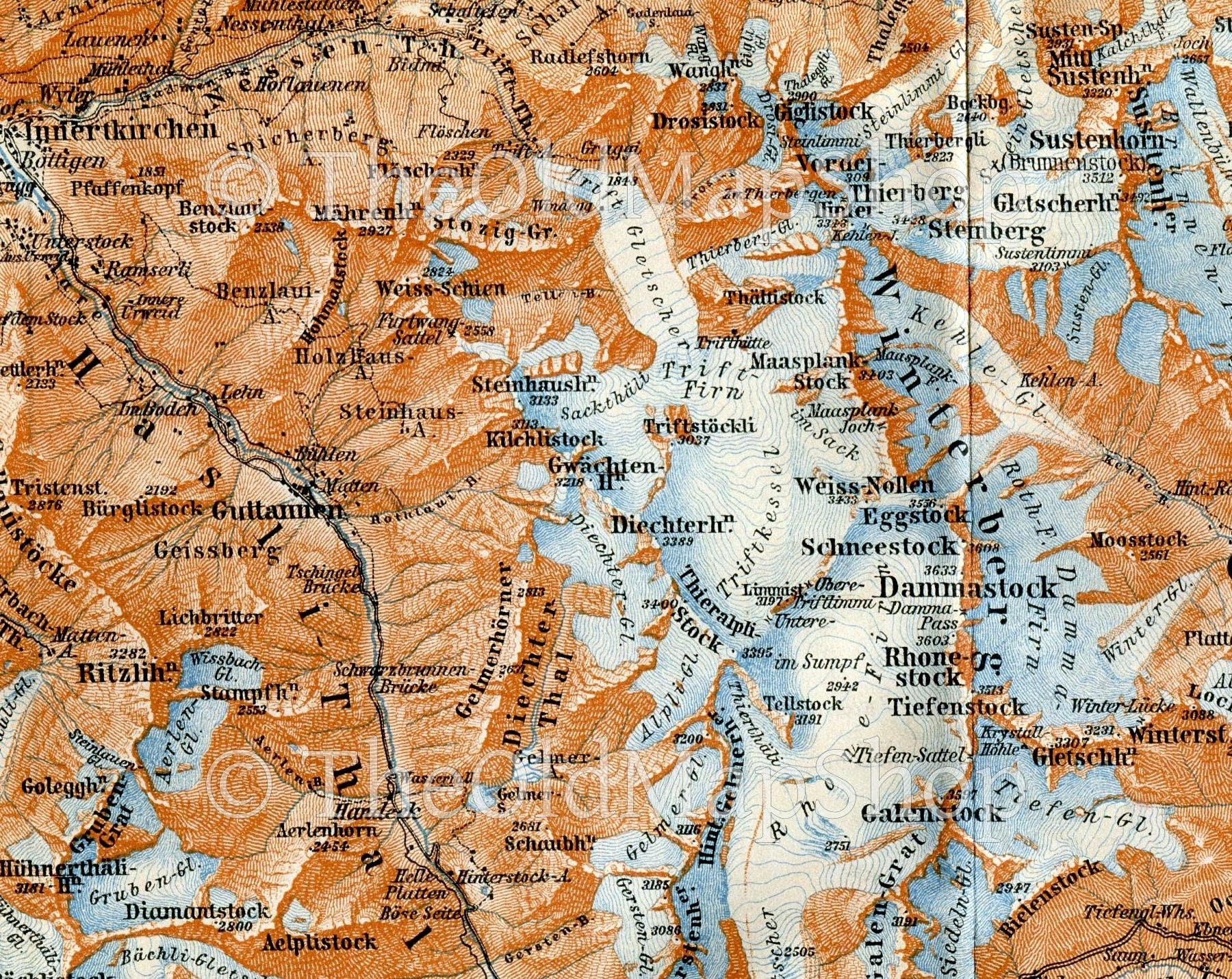 1899 Innertkirchen, Andermatt, Hospental, Zumdorf, Realp, Wassen, Guttannen, Switzerland Antique Baedeker Map, Print