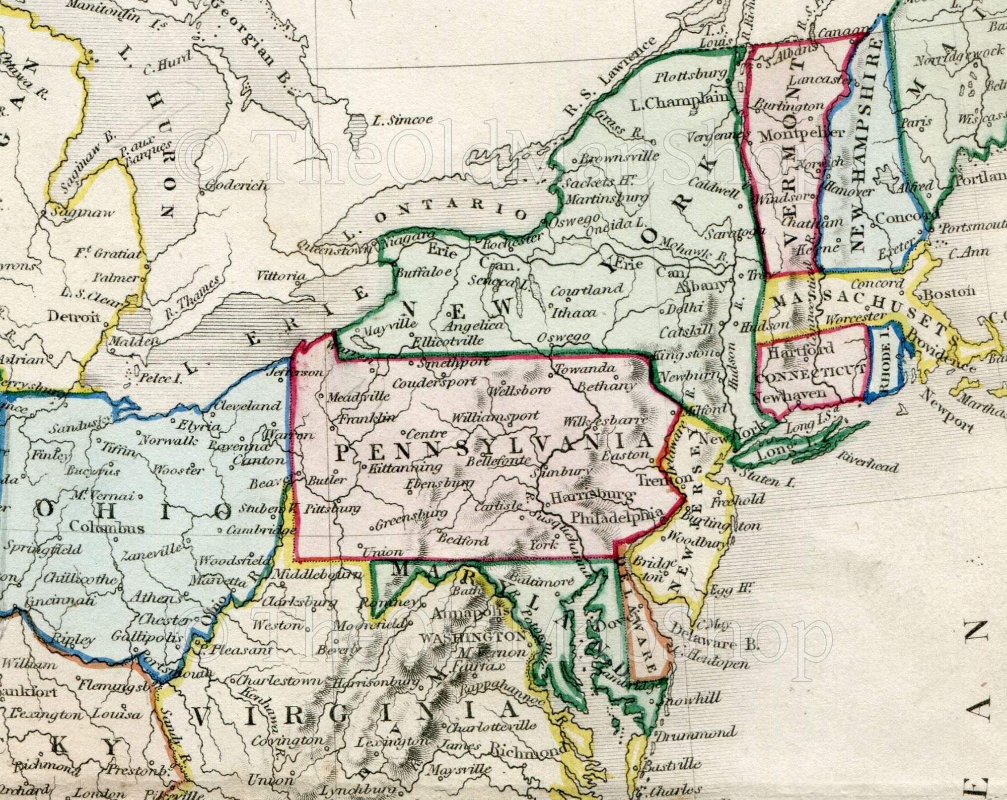 c.1840 United States, America, Antique Map, Print by John Dower, Hand Colored