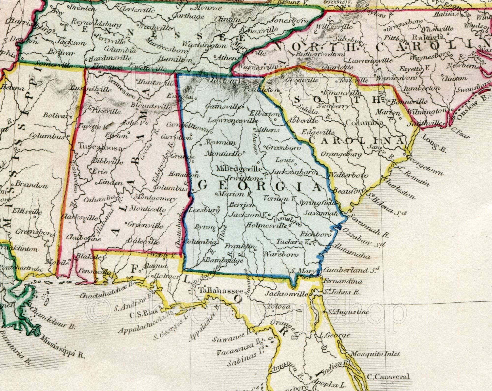 c.1840 United States, America, Antique Map, Print by John Dower, Hand Colored