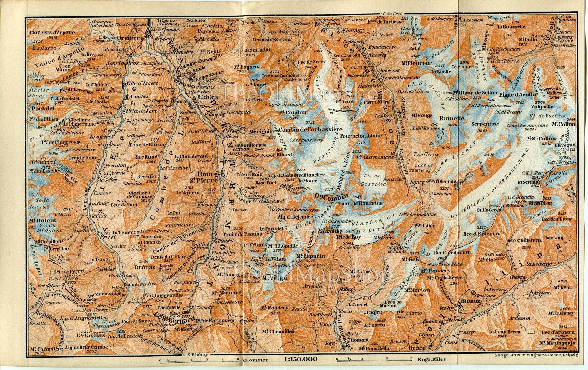 1899 Liddes, Orsieres, Bourg-Saint-Pierre, Grand Combin, Monte Gele, Switzerland, Antique Baedeker Map, Print