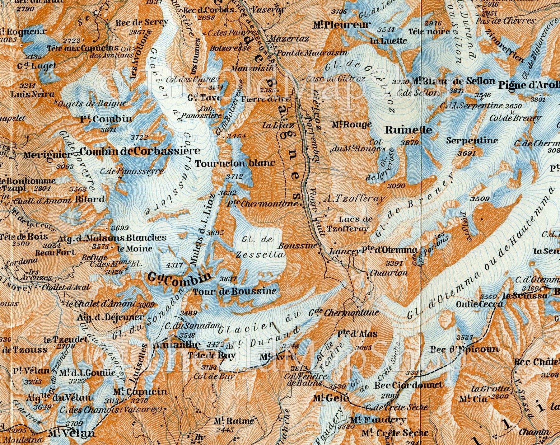1899 Liddes, Orsieres, Bourg-Saint-Pierre, Grand Combin, Monte Gele, Switzerland, Antique Baedeker Map, Print