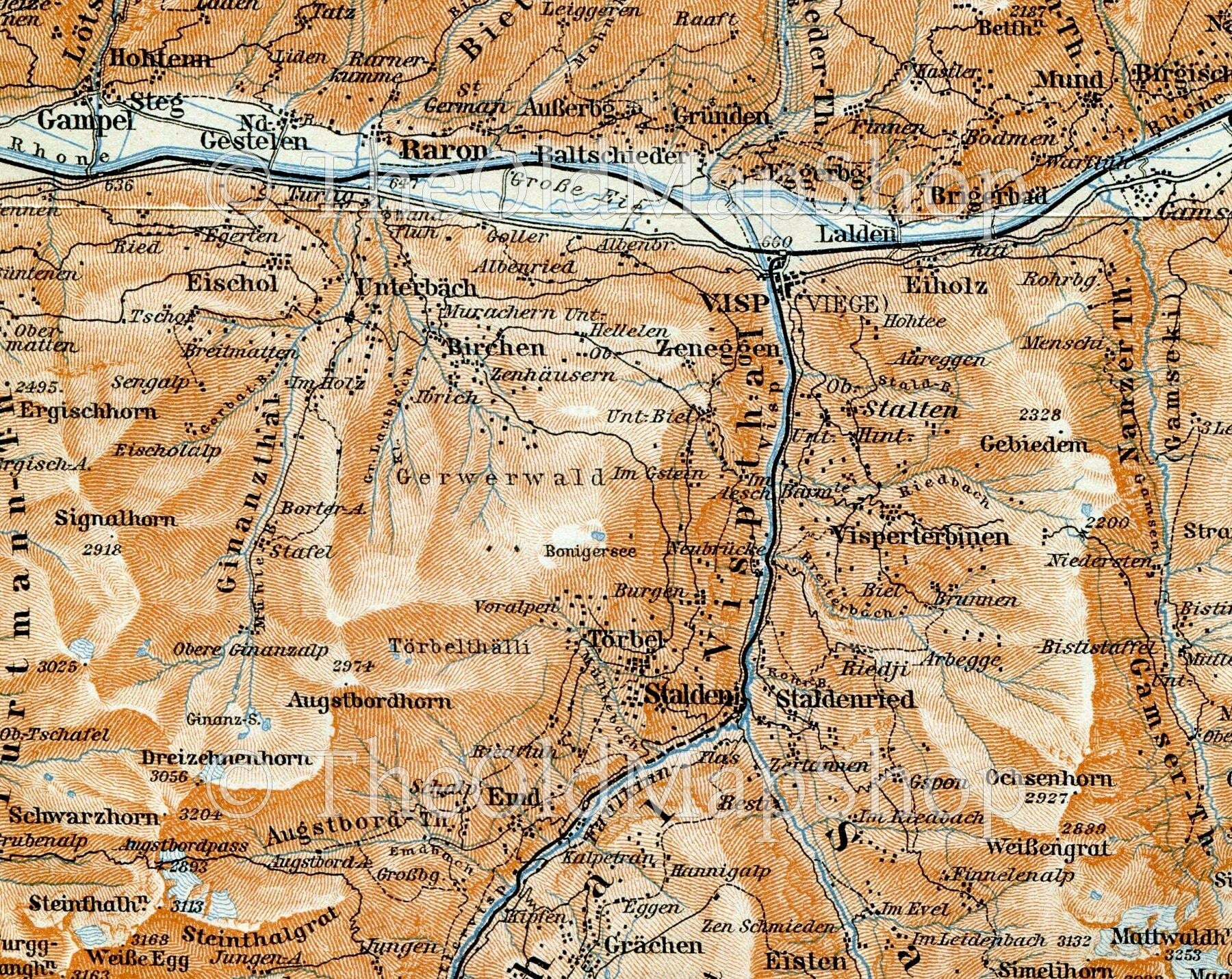 1899 Raron, Visp, Lalden, Brig, Naters, Stalden, St Niklaus, Eisten, Randa, Saas-Grund, Switzerland, Antique Baedeker Map, Print