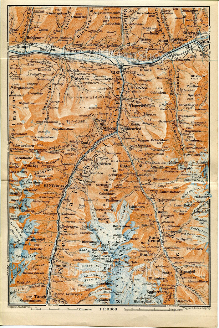 1899 Raron, Visp, Lalden, Brig, Naters, Stalden, St Niklaus, Eisten, Randa, Saas-Grund, Switzerland, Antique Baedeker Map, Print