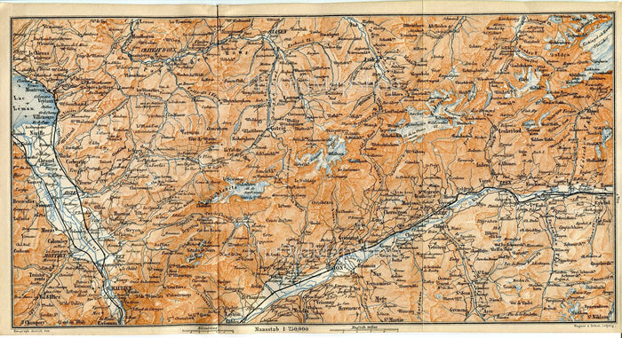 1899 Montreux, Bex, Saint-Maurice, Sion, Sierre, Saint-Luc, Lens, Switzerland, Antique Baedeker Map, Print