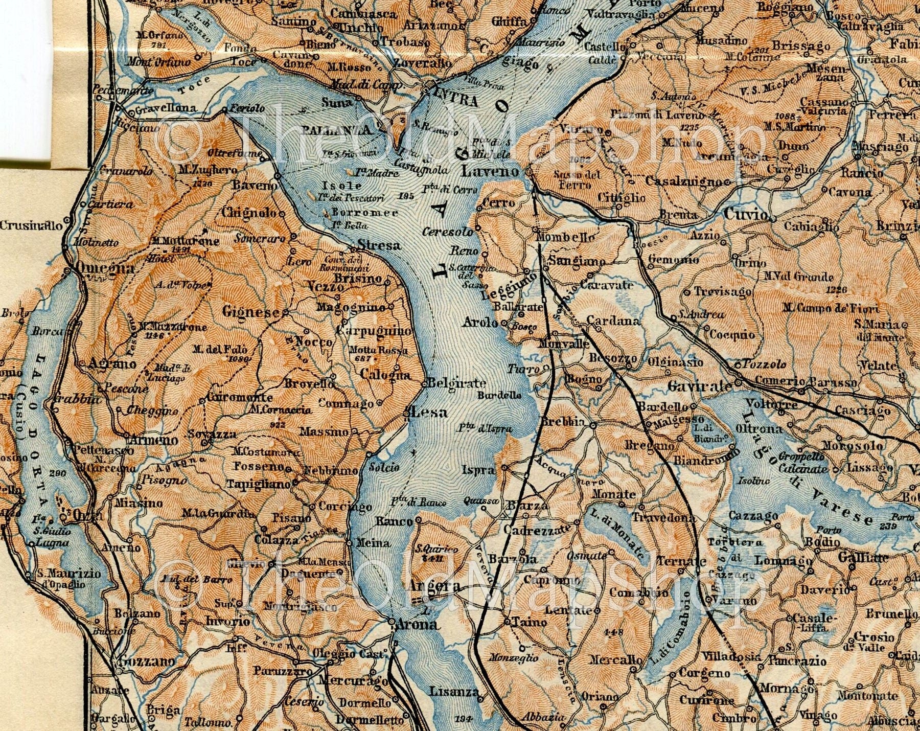 1899 Angera, Arona, Stresa, Baveno, Luino, Cannobio, Locarno, Agno, Lavena, Intra, Italy, Switzerland, Antique Baedeker Map, Print