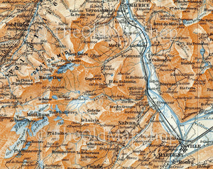 1899 Champery, Samoens, Saint-Maurice, Salvan, Martigny, Fully, Trient, Vallorcine, Switzerland, Italy, Antique Baedeker Map, Print