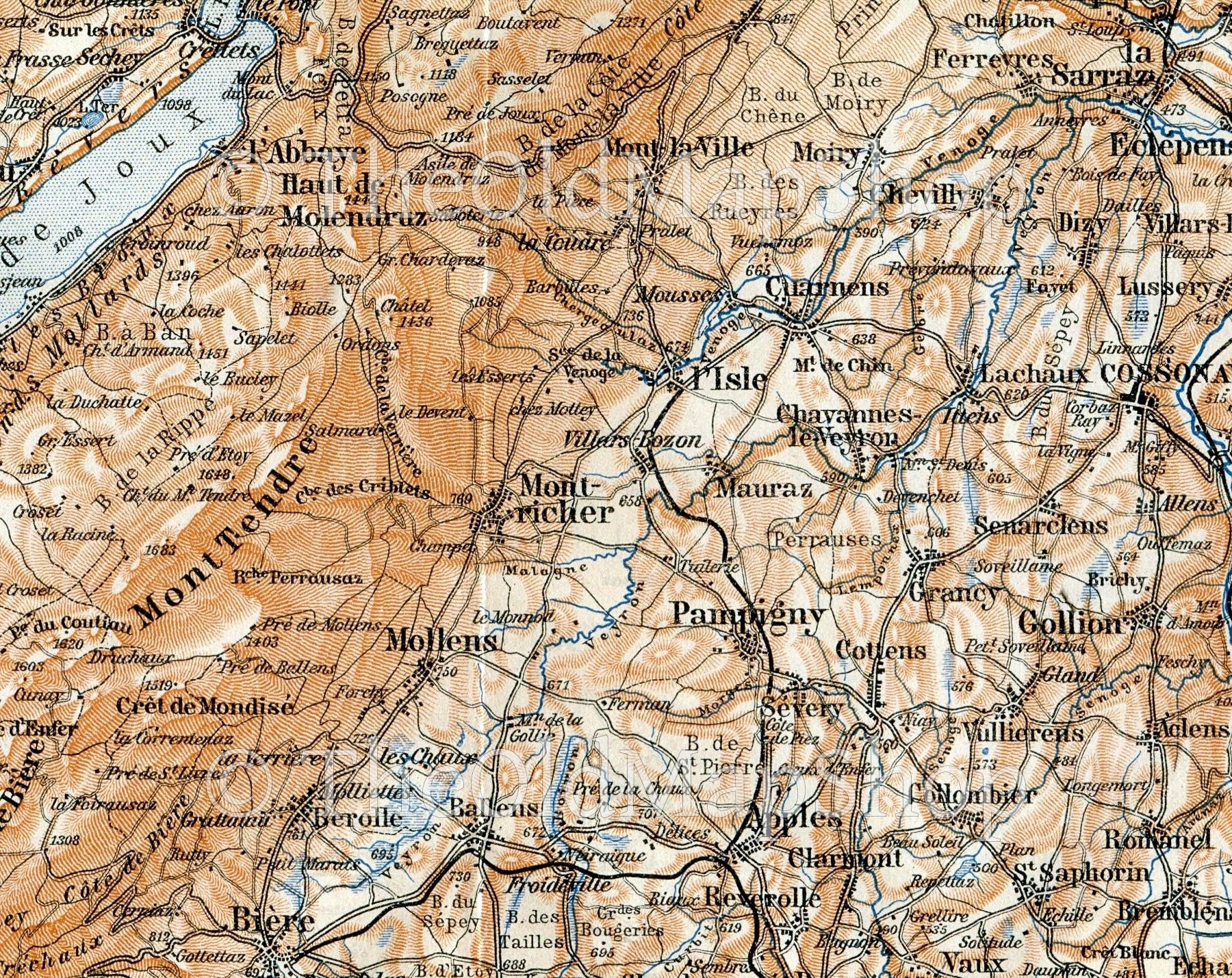 1899 Mollens, Biere, Ballens, Apples, Morgesm Cossonay, La Sarraz, Cottens, L'Abbaye, Switzerland, Antique Baedeker Map, Print