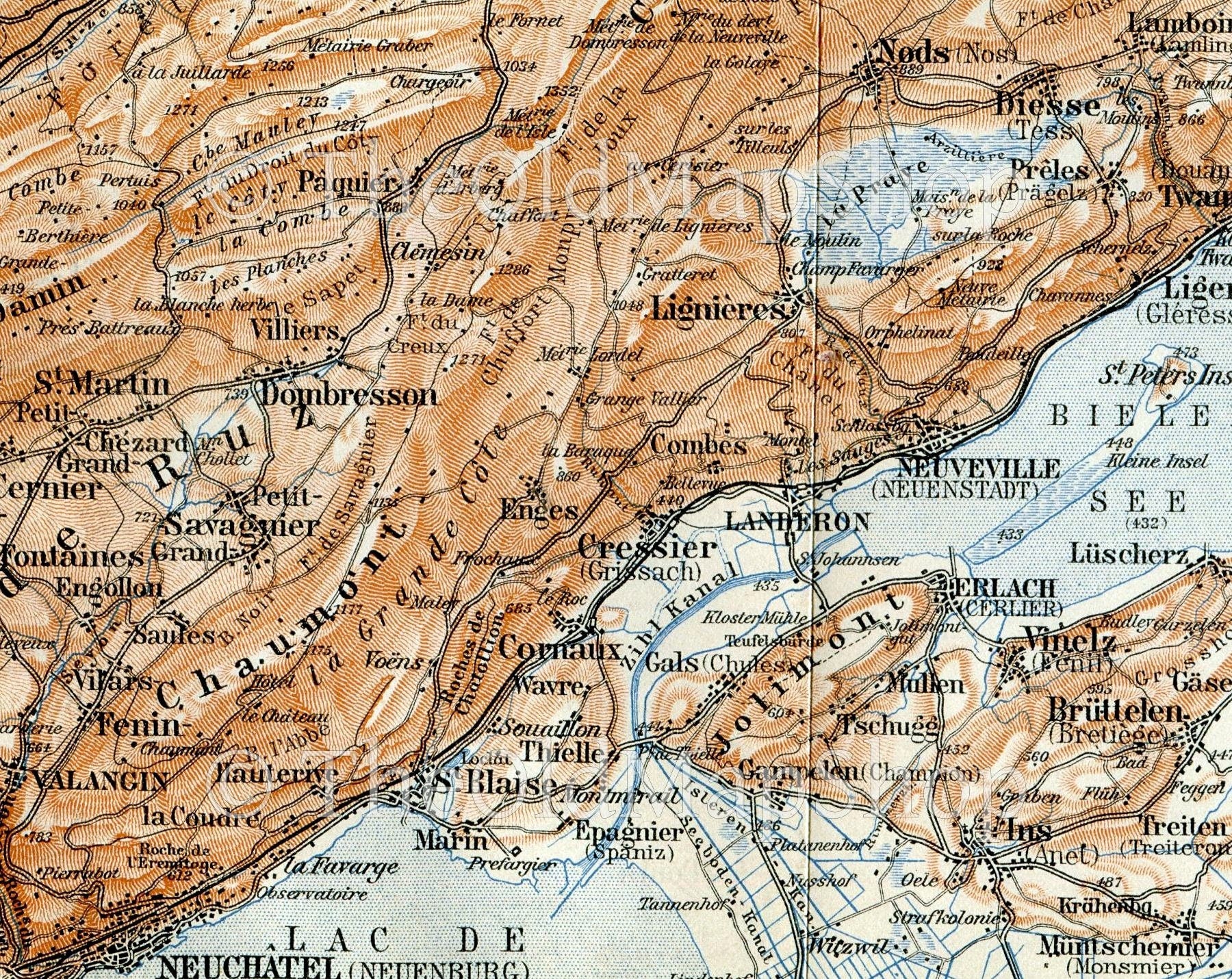 1899 Neuchatel, Saint-Blaise, La Neuveville, Ligerz, La Chaux-de-Fonds, Le Locle, Renan, Saint-Imier, Switzerland, Antique Baedeker Map