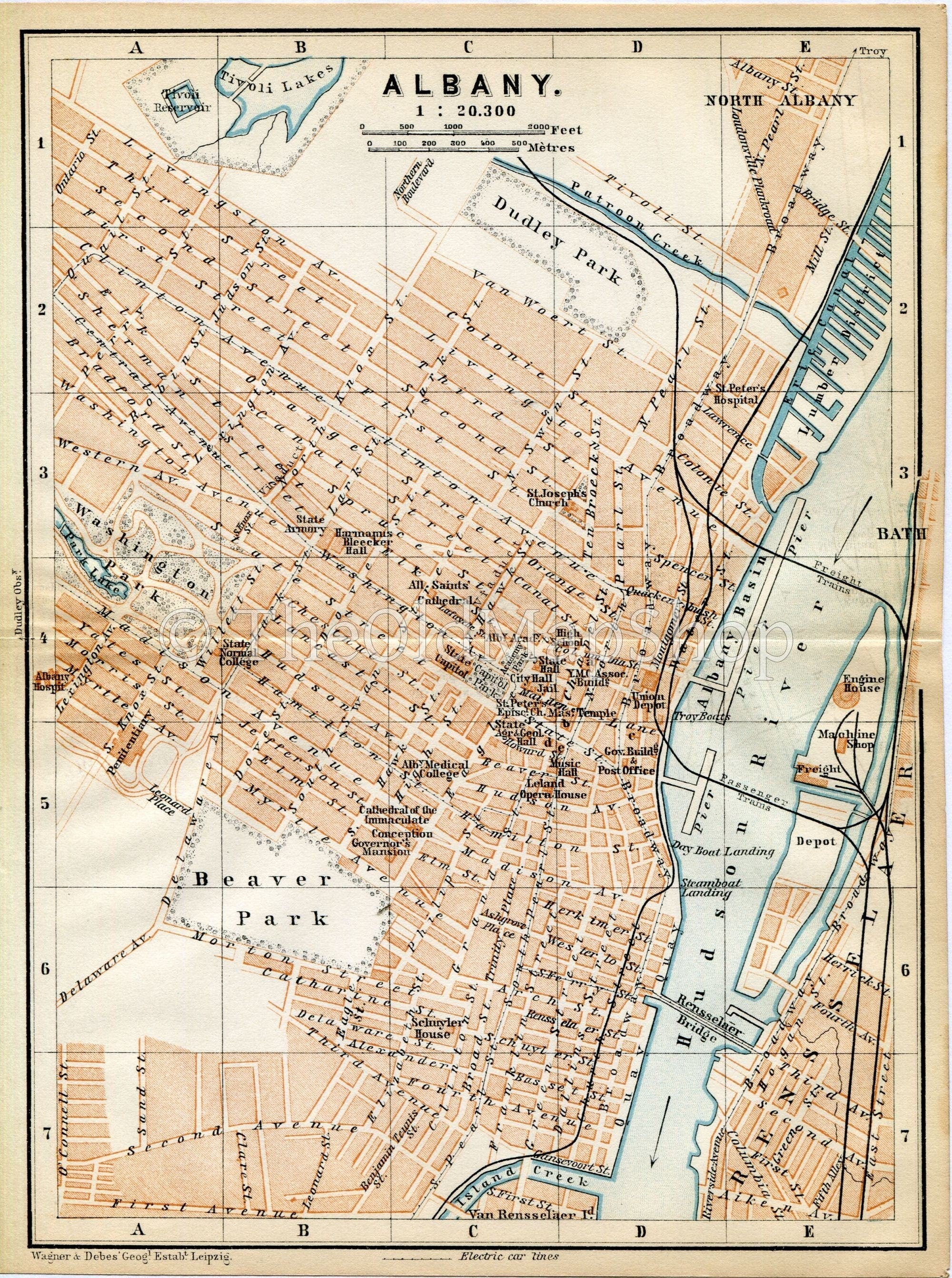 1899 Albany, New York, United States, Town Plan, Antique Baedeker Map, Print